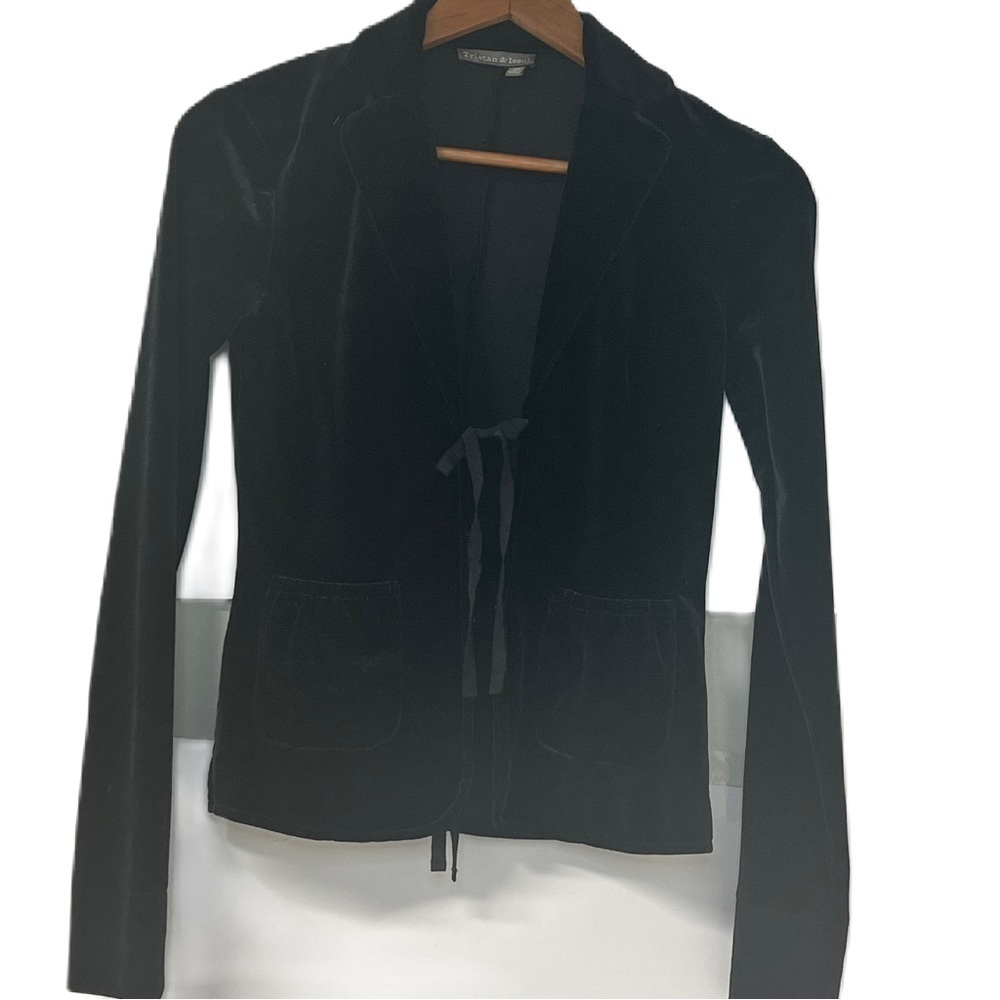 Tristan & Iseut black velour long sleeve front tie blouse Size xs
